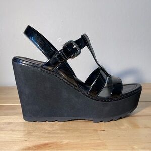 Prada Sport Black Patent Leather Wedge Platform Ankle Strap Sandals Size 39